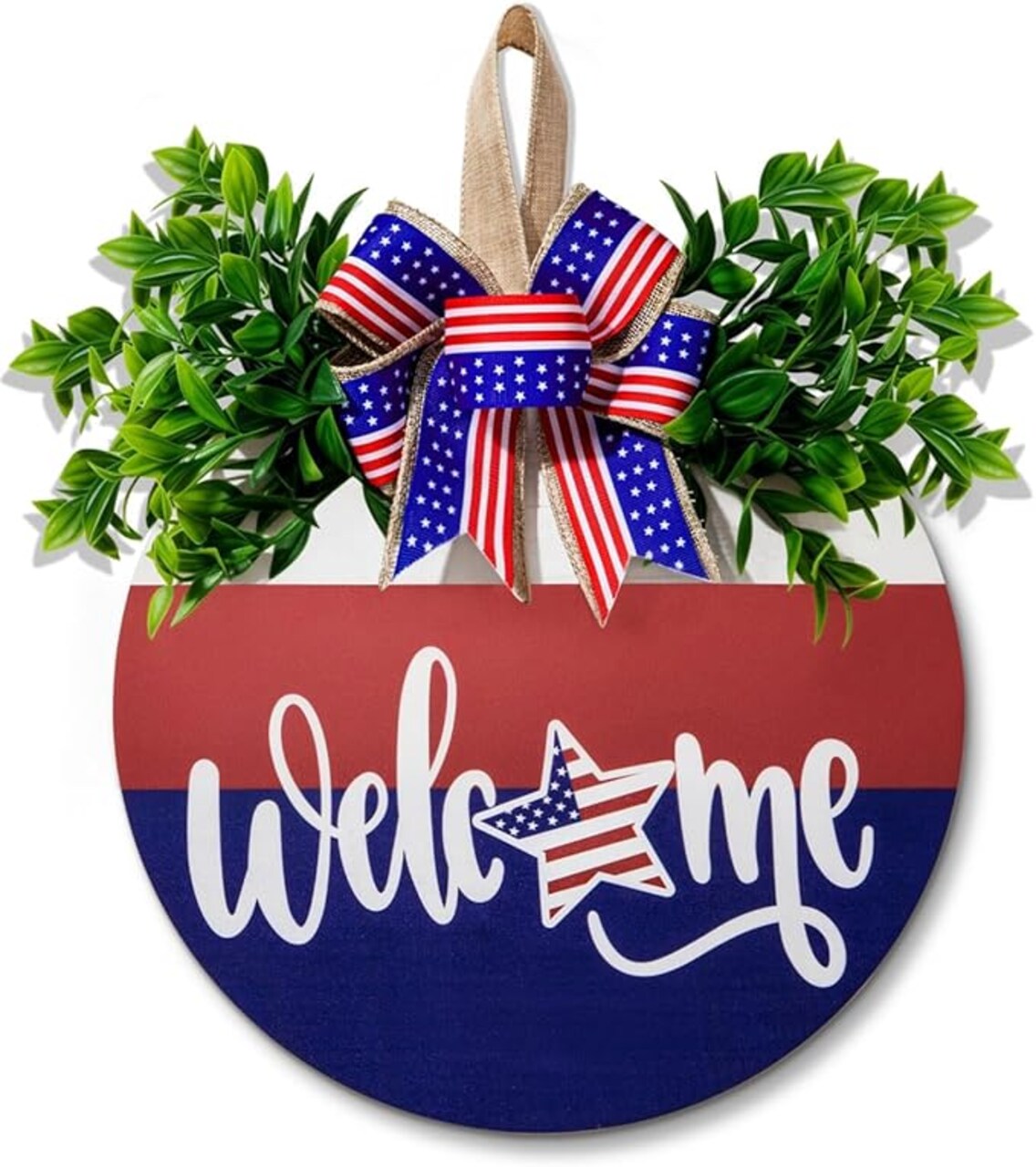 4th of July Wreath for Front Door – Wooden Round Patriotic Wreath for Independence Day and Memorial Day, 4th of July Decorations, 12" Welcome Sign for Front Door, Outdoor Porch and Patio Fence Decor